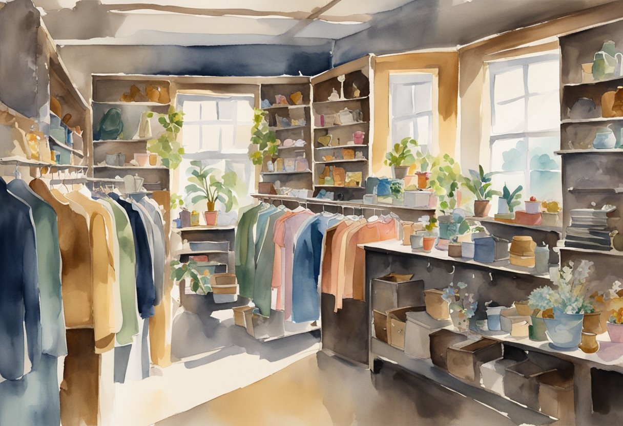 A cluttered thrift store with shelves of vintage items, racks of clothing, and bins of knick-knacks. Sunlight streams through dusty windows, casting shadows on the eclectic assortment of second-hand treasures