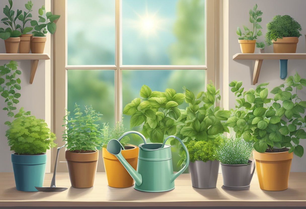 A sunny windowsill with pots of thriving herbs, surrounded by gardening tools and a watering can