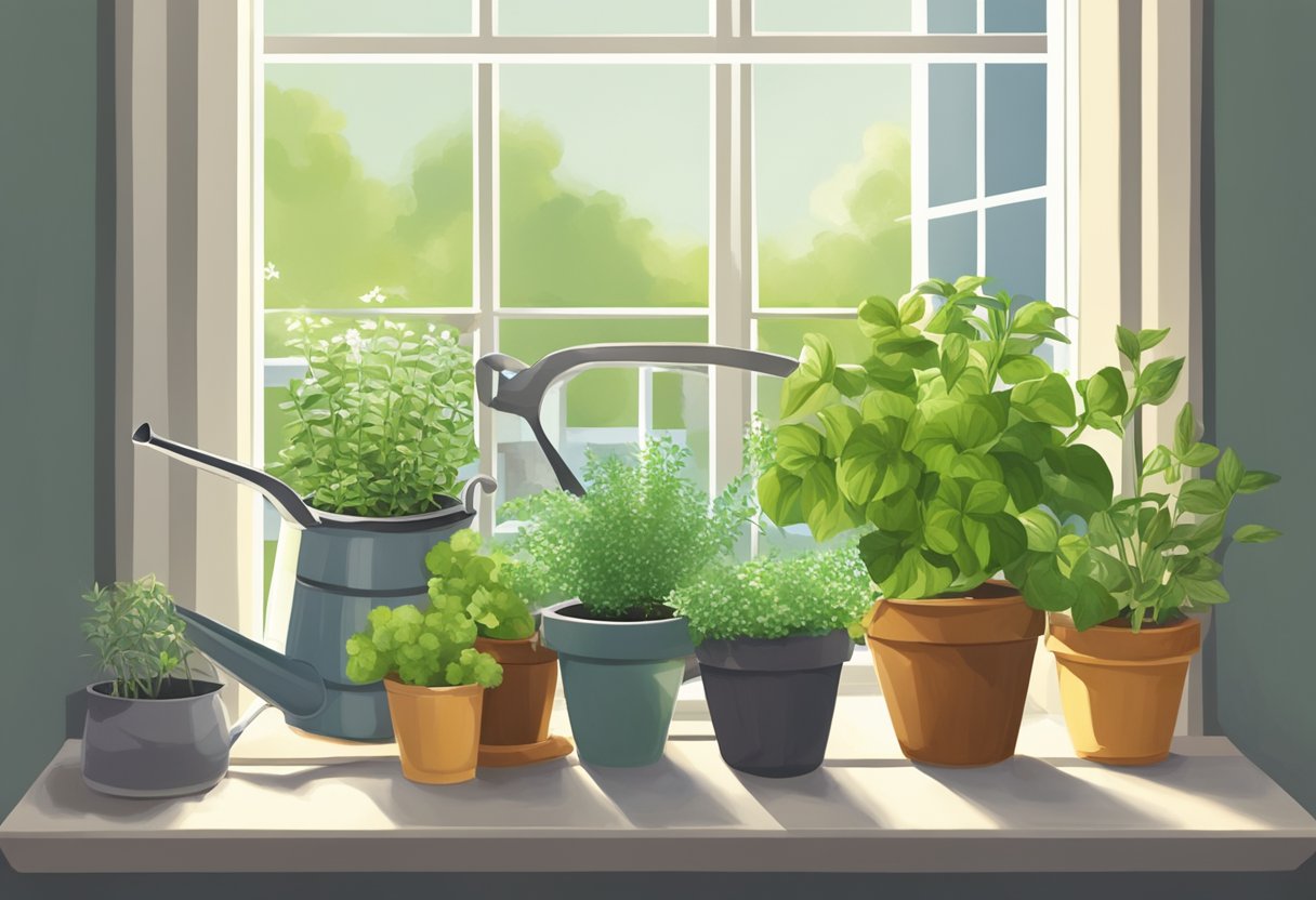 A sunlit window sill with pots of various herbs thriving in indoor conditions. A small watering can and gardening tools nearby