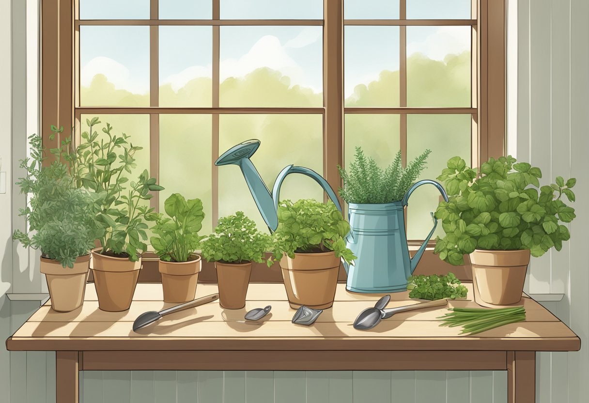 A table by a sunny window with pots of herbs, small gardening tools, and a watering can. Labels indicate each herb's name
