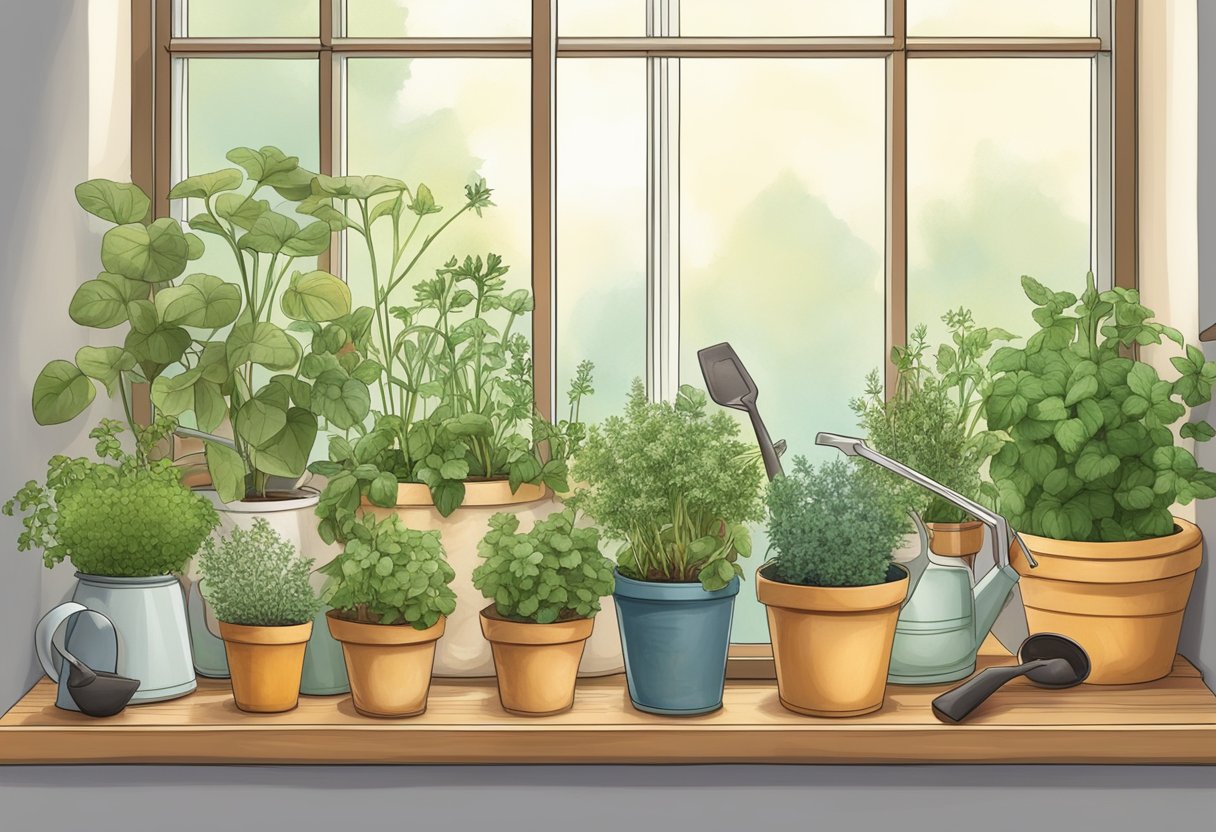 A sunny window sill with pots of various herbs, labeled with their names, surrounded by small gardening tools and a watering can
