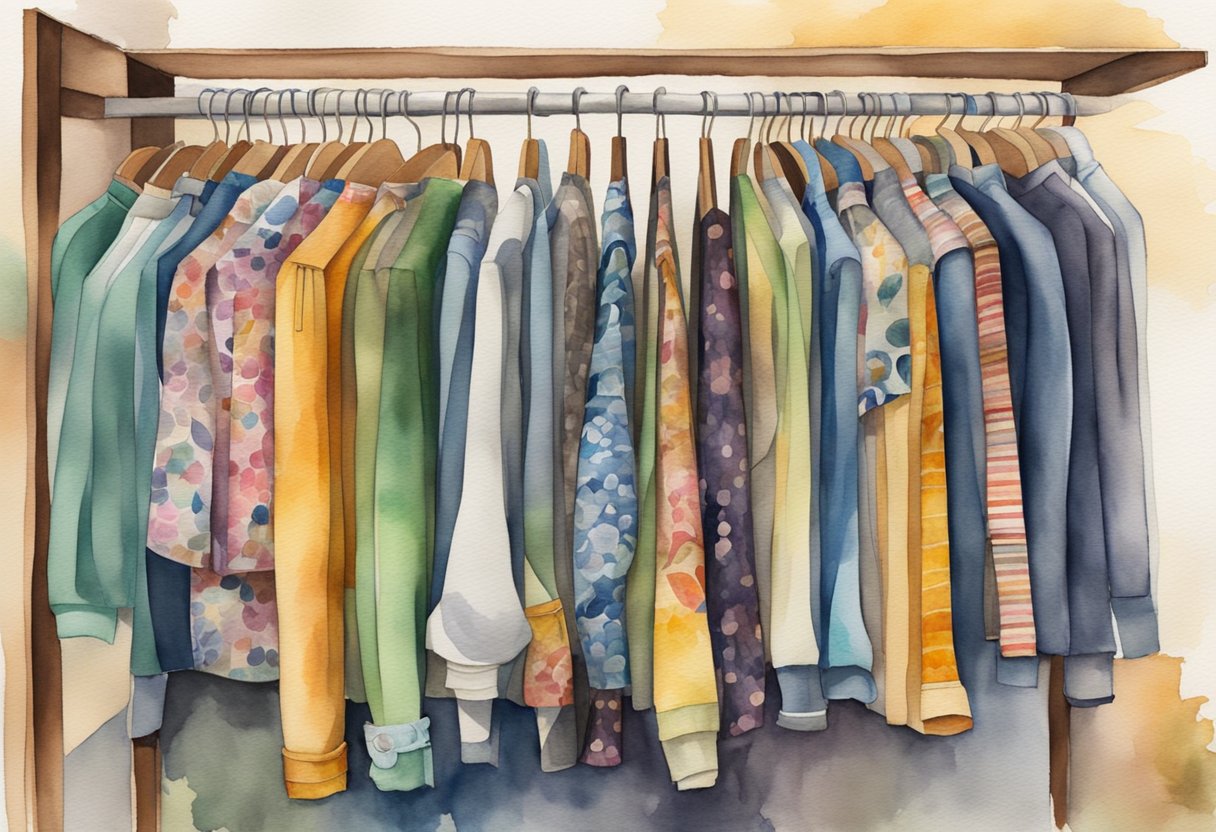 A rack of clothing at a thrift store, with a variety of textures, colors, and patterns. High-quality items stand out amongst the rest