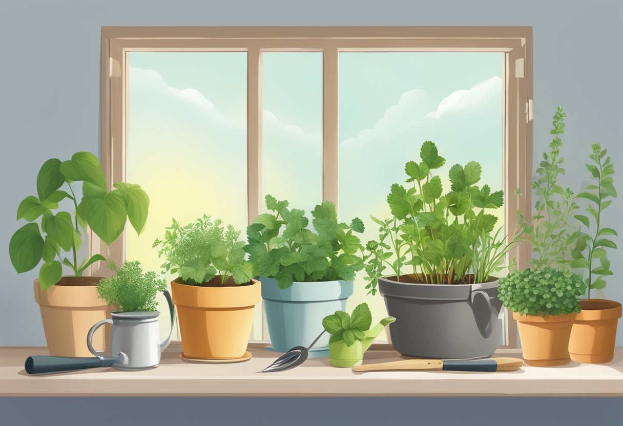 A variety of herbs in pots on a sunny windowsill, with a watering can and small gardening tools nearby