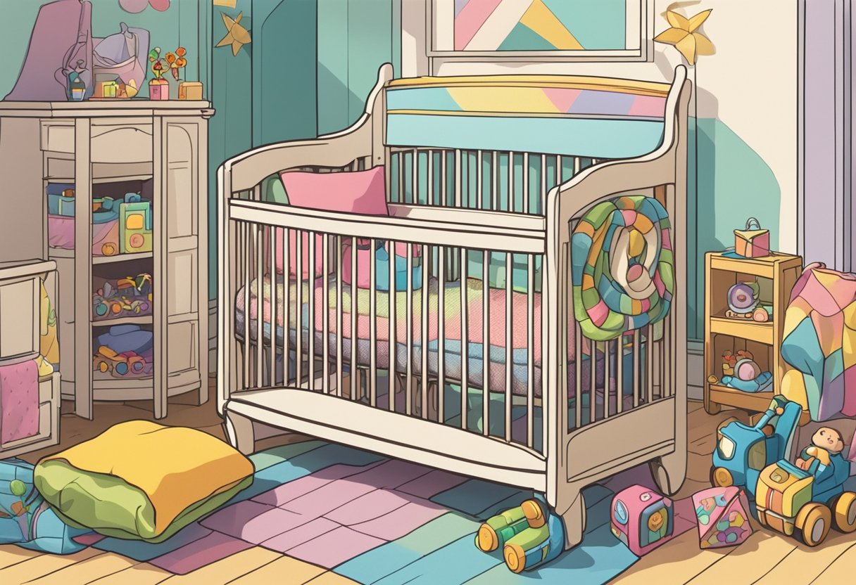 A small crib with the name "Eliana" painted on it, surrounded by colorful toys and a soft blanket