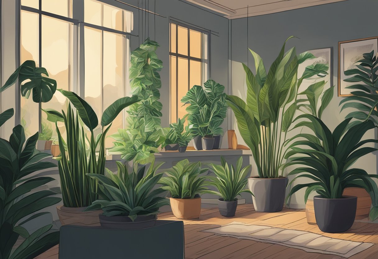 A dimly lit room with various indoor plants, such as snake plants, pothos, and peace lilies, thriving in the low light conditions