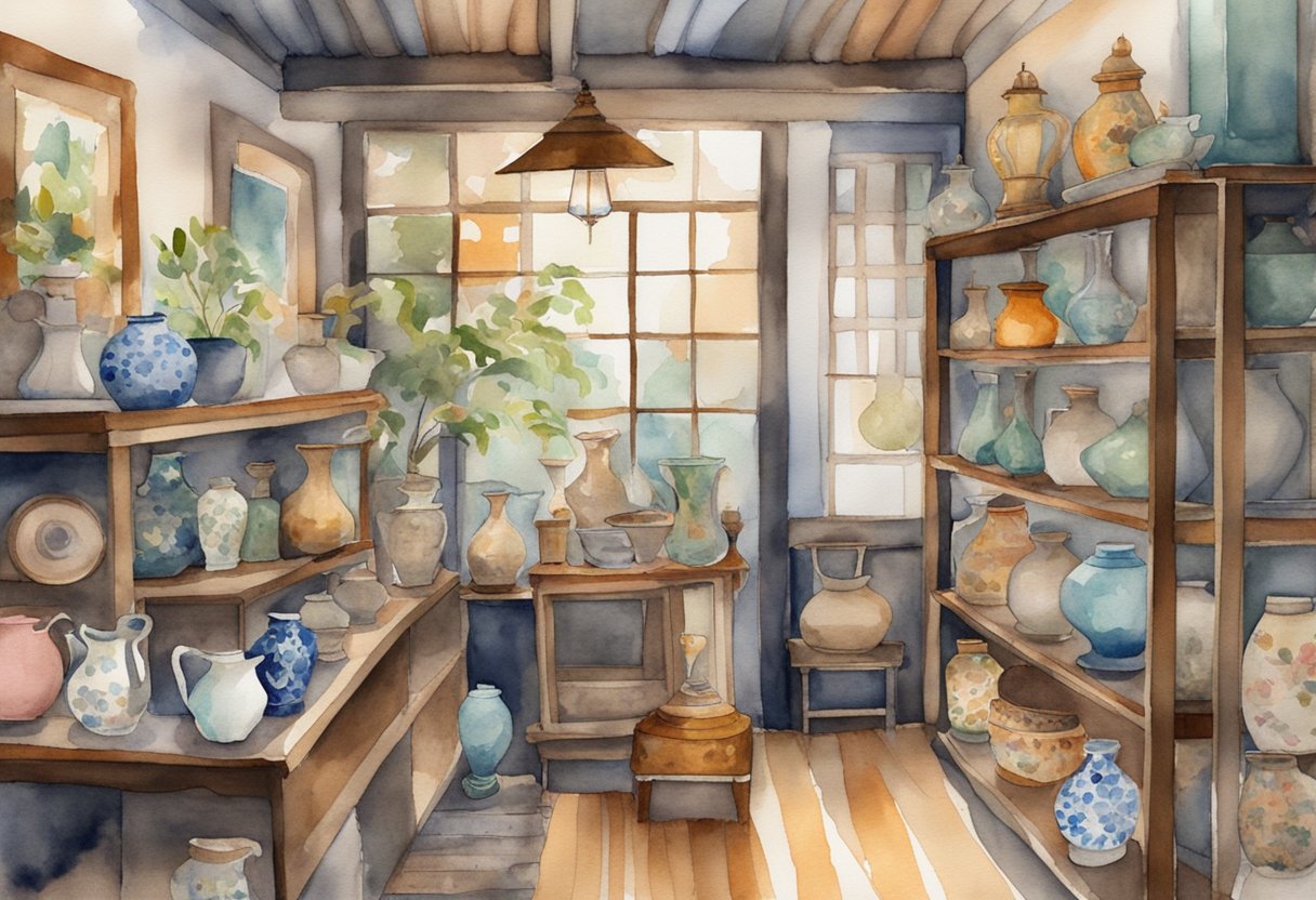 A cluttered thrift store with shelves of old lamps, vintage vases, and worn rugs. A mix of patterns and textures create a cozy, eclectic atmosphere