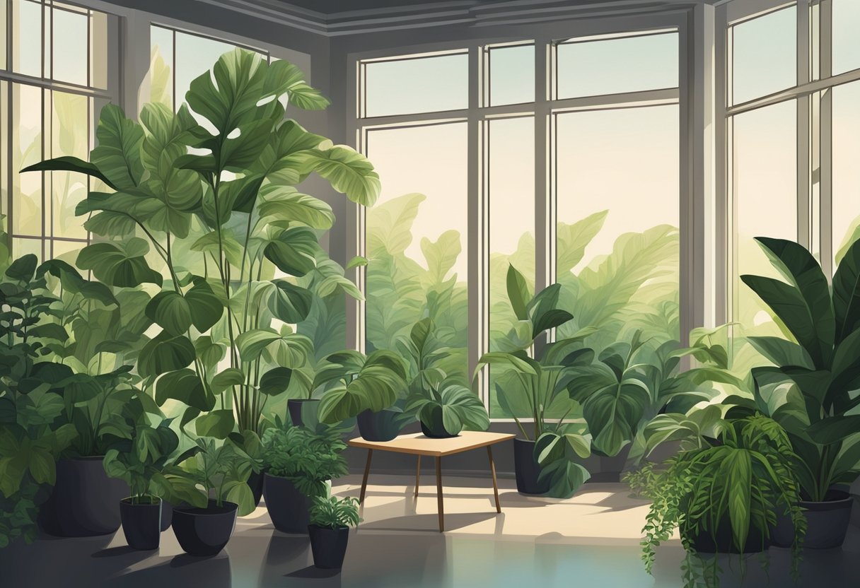 Lush green plants in a dimly lit room, thriving without direct sunlight. A variety of leaf shapes and sizes, creating a peaceful and natural atmosphere