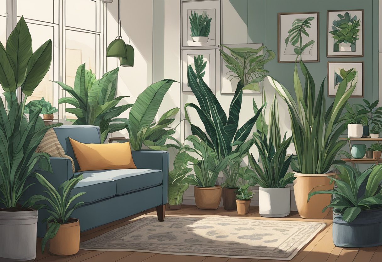 A dimly lit room with a variety of indoor plants thriving in low light conditions, including snake plants, pothos, and peace lilies