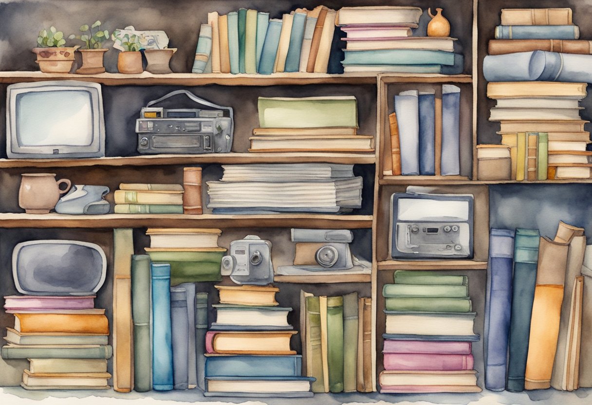 A cluttered thrift store shelf displays old books, vintage media, and outdated electronics, waiting to be discovered by bargain hunters