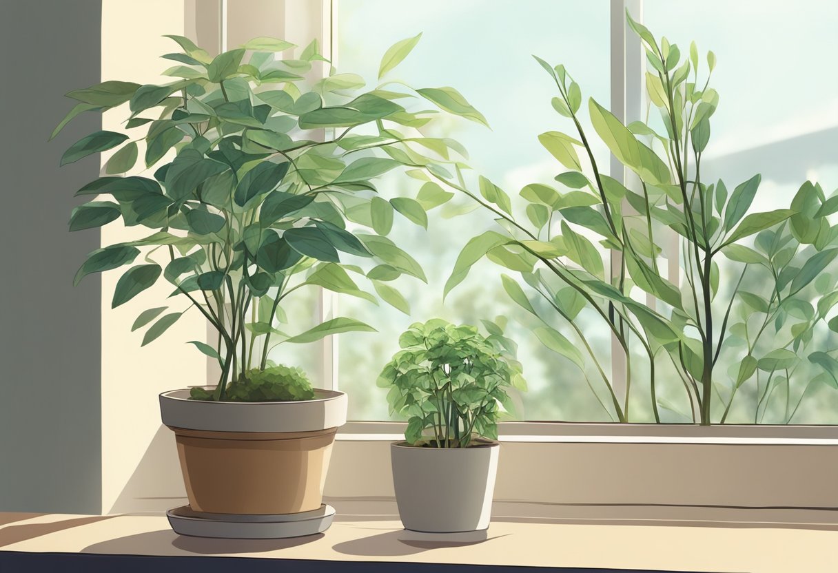 A potted plant with long, thin stems and sparse foliage, reaching towards a window for light. A smaller, bushier plant nearby
