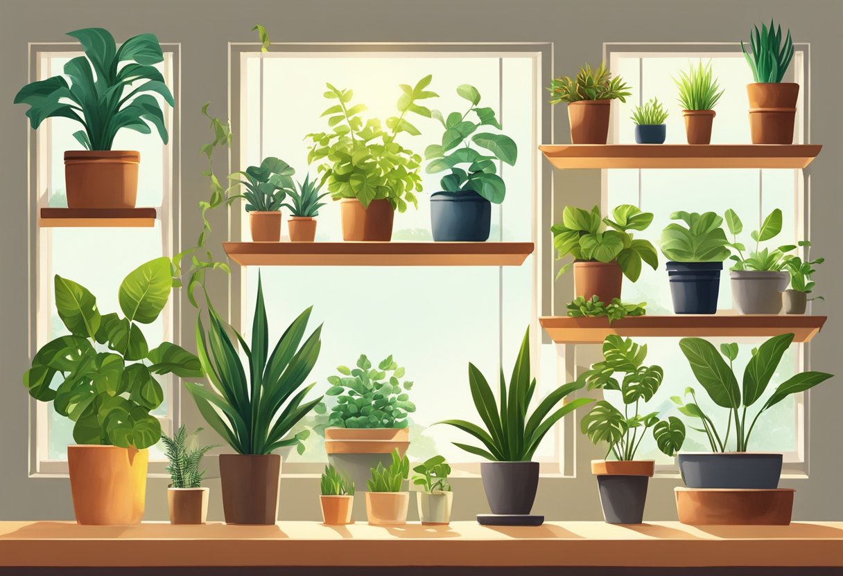 A well-lit room with sunlight streaming in through a window, casting a warm glow on a variety of healthy, non-leggy indoor plants placed on shelves and tables