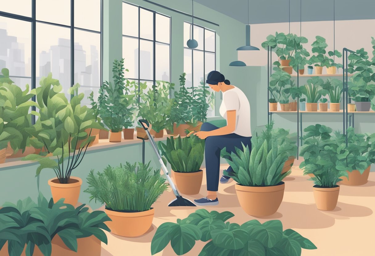 A person carefully pruning and selecting indoor plants to prevent them from becoming leggy