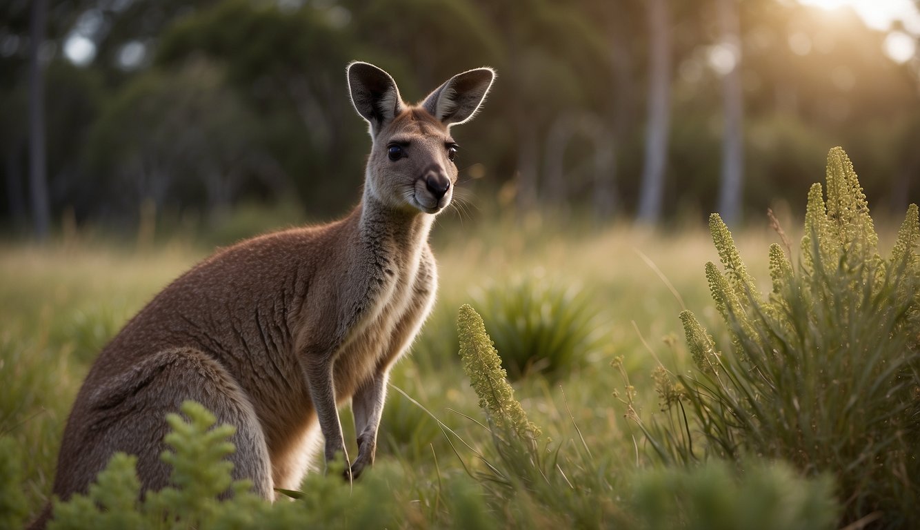 A kangaroo standing in a grassy field, examining a variety of native Australian plants and fruits, with a curious expression on its face