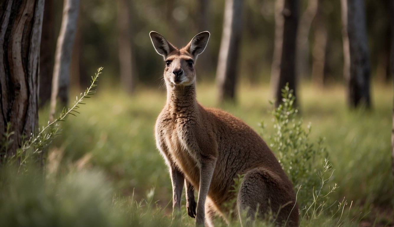 A kangaroo standing in a grassy field, surrounded by eucalyptus trees.

It is grazing on fresh green vegetation, with a few joeys peeking out from its pouch