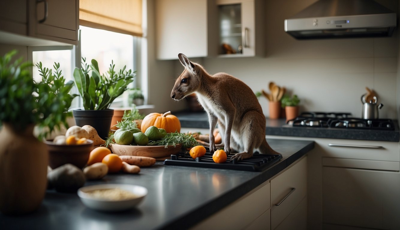 A kangaroo stands in a kitchen, stirring a pot on the stove.

Ingredients like eucalyptus leaves, sweet potatoes, and native herbs are spread out on the counter