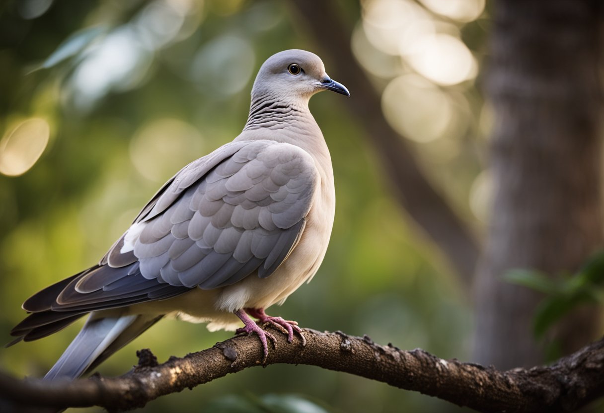 A dove perched on a tree branch, cooing softly