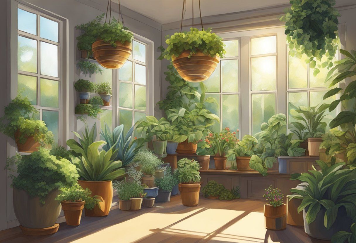 Various containers, such as pots, hanging baskets, and planters, are arranged with a variety of indoor plants. Light streams in from a nearby window, illuminating the lush greenery