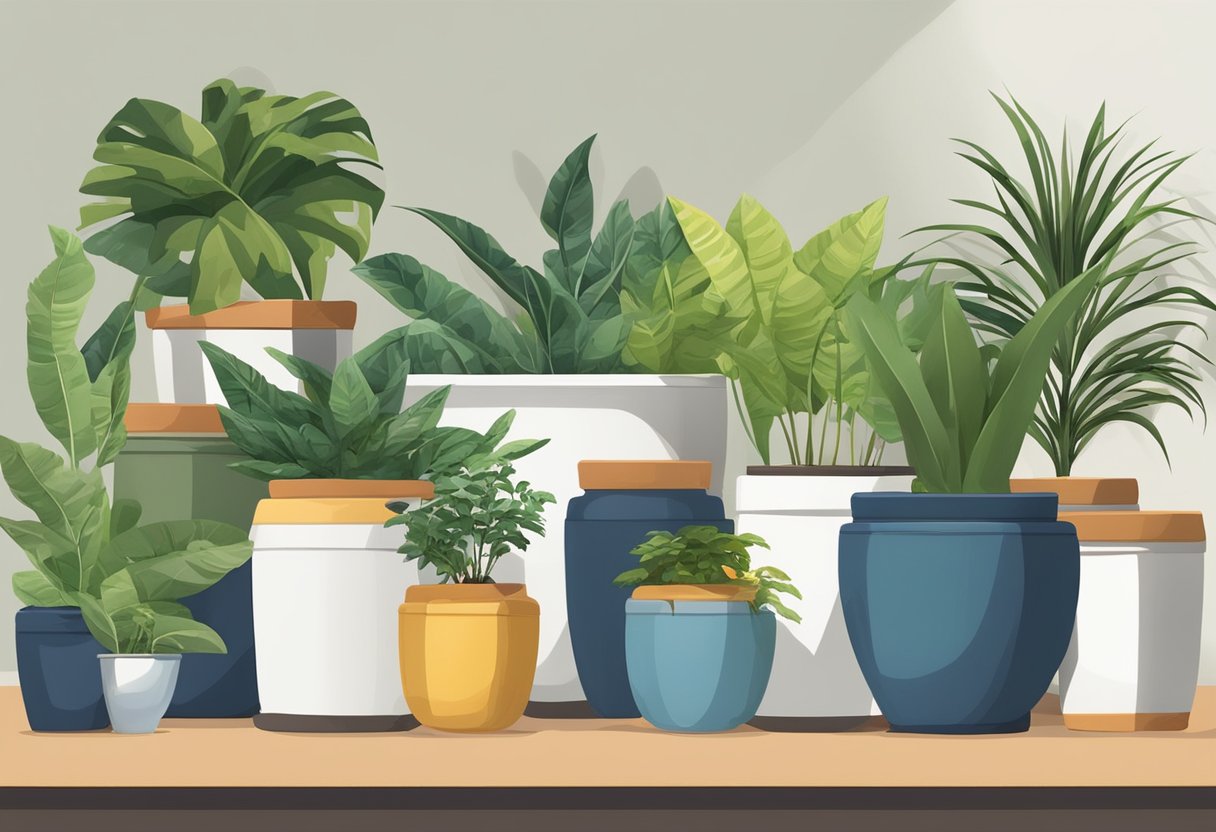 A variety of containers in different sizes and materials, such as ceramic, plastic, or terra cotta, are displayed with various indoor plants