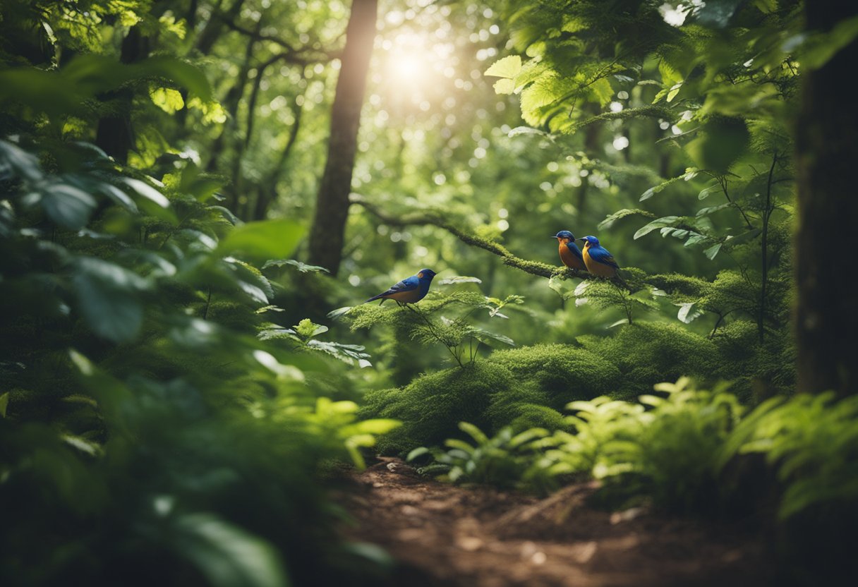 A lush forest with colorful birds singing "coo coo" in their natural habitat