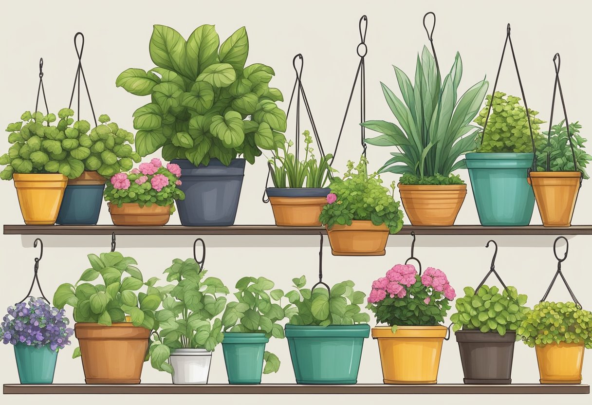 Various containers: pots, planters, and hanging baskets. Consider size, drainage, and material for successful indoor gardening