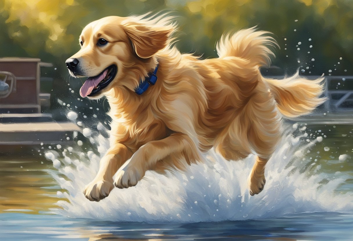 A golden retriever leaps off a dock, water splashing as it soars through the air, focused on the floating toy ahead. The sun glistens on the water, capturing the excitement and energy of the moment