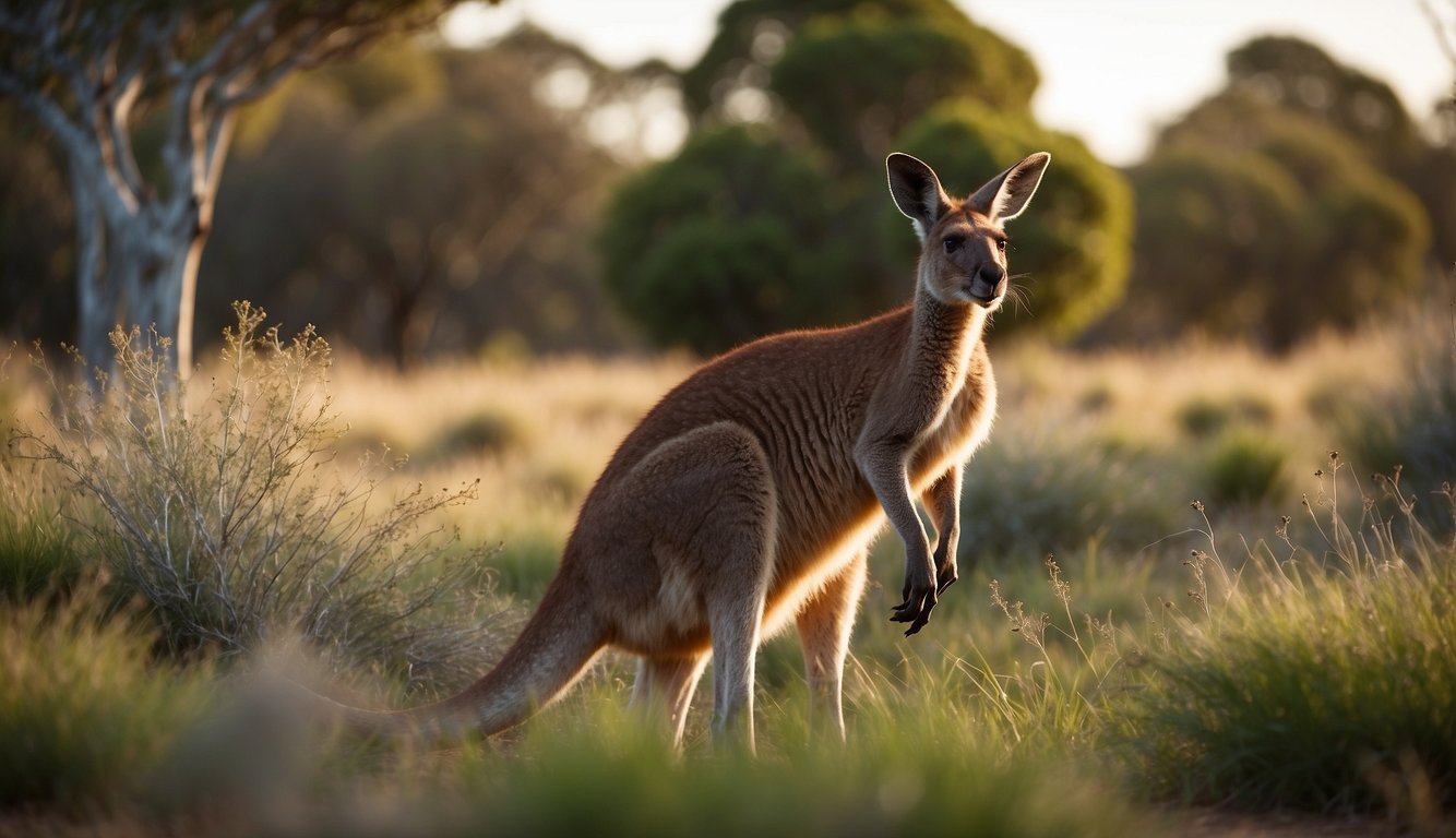 A kangaroo grazes in a grassy field, surrounded by native plants and animals.

It browses on low-lying shrubs, while birds and insects flit around the vibrant ecosystem
