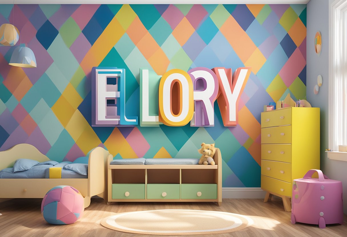 Ellory's name written in colorful block letters on a nursery wall