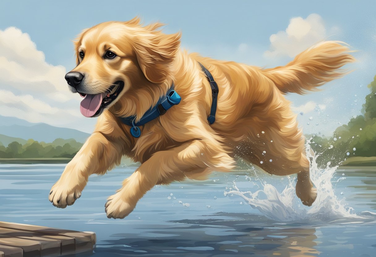 A golden retriever launches off a dock, water splashing as it soars through the air, focused and determined to reach the floating toy ahead