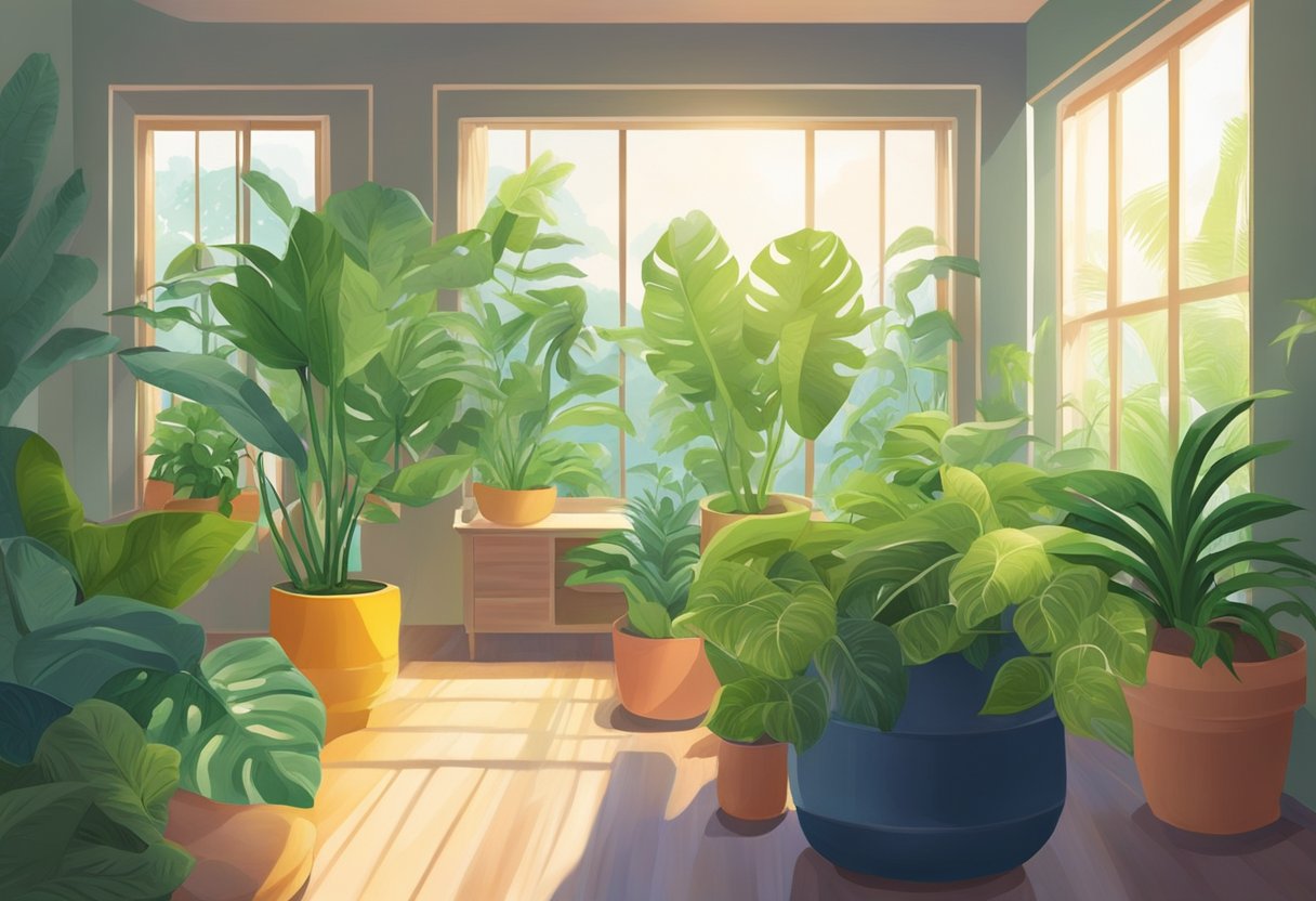 A sunlit room with large windows, filled with lush green tropical plants in colorful pots. A humidifier and plant lights provide the necessary environment for the plants to thrive