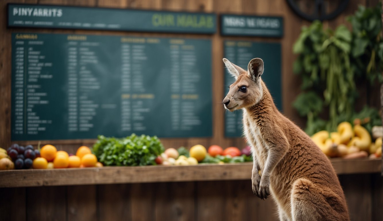 A kangaroo standing in front of a menu board, looking up with curiosity and anticipation.

The menu board displays a variety of fresh greens, fruits, and vegetables
