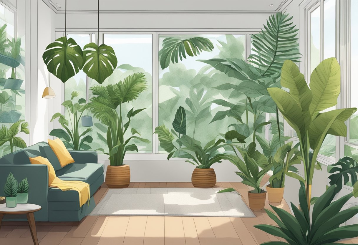 Tropical plants thrive in a well-lit, humid space with consistent temperatures. Use a humidifier and place plants near windows for indirect sunlight. Keep the room warm and avoid drafts