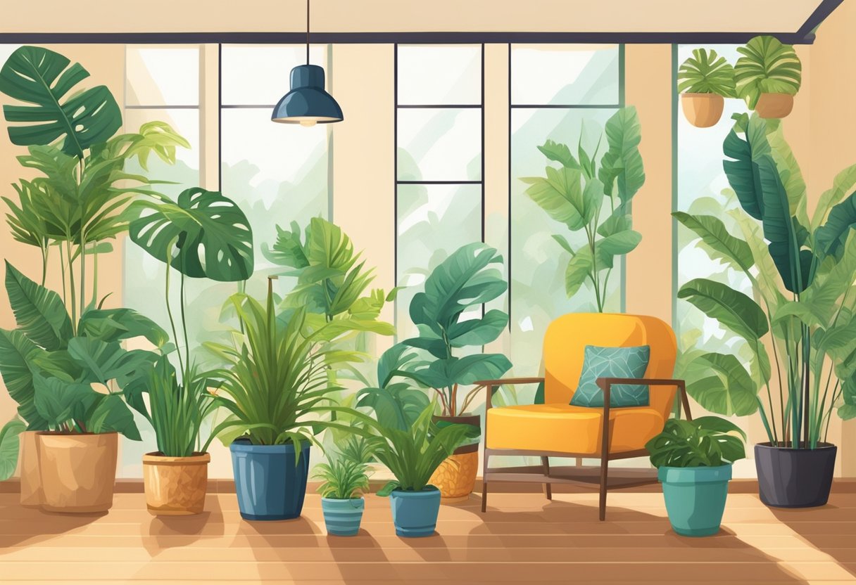 A bright, warm room with ample sunlight, humidity, and proper drainage for tropical plants. Decorative pots and plant stands add to the inviting atmosphere