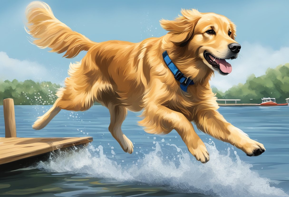 Golden retriever leaping off dock into water, tail wagging, eyes focused. Surrounding area includes safety equipment, clear water, and supportive onlookers