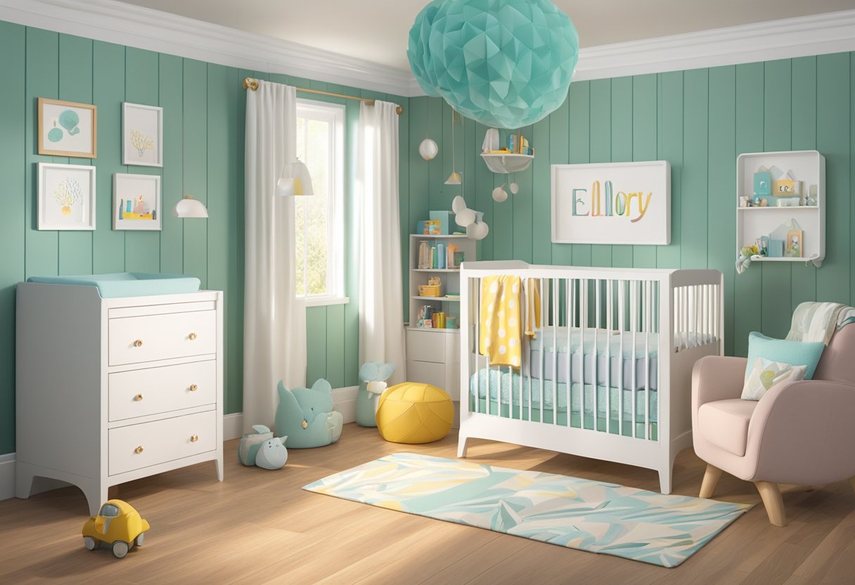 A gender-neutral nursery with the name "Ellory" displayed on the wall in colorful, playful lettering