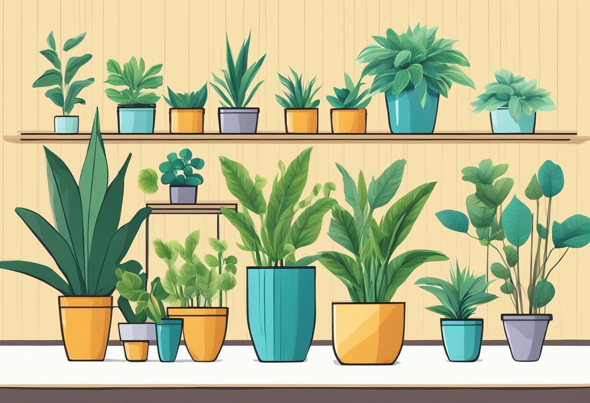 A variety of indoor plants displayed on shelves, with different sizes, shapes, and colors. Some are flowering, others have unique foliage. Bright, natural light fills the room