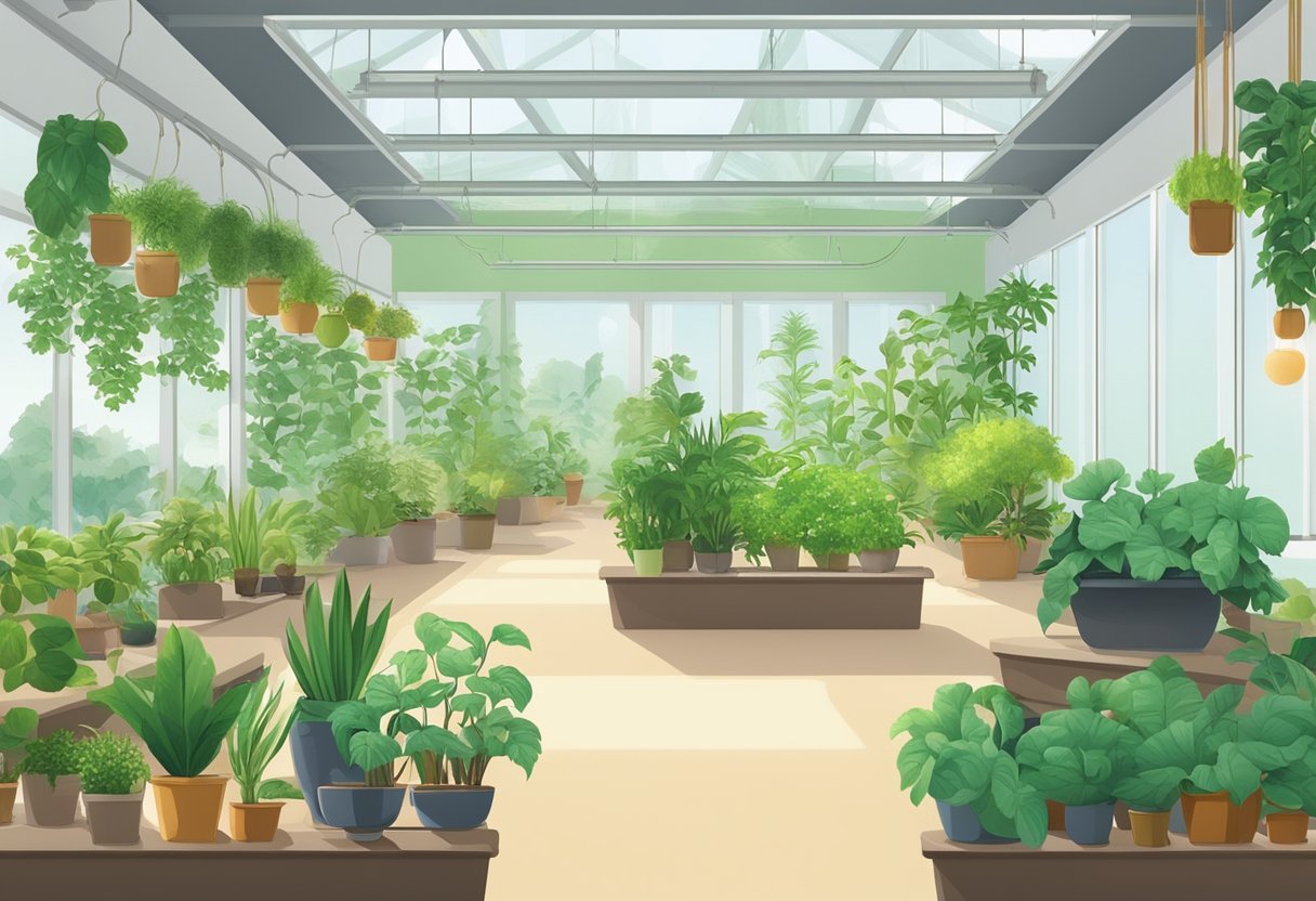 A bright, well-lit room with a variety of indoor plant species in different sizes and shapes. Temperature and humidity levels are controlled, and there is a mix of soil and hydroponic setups