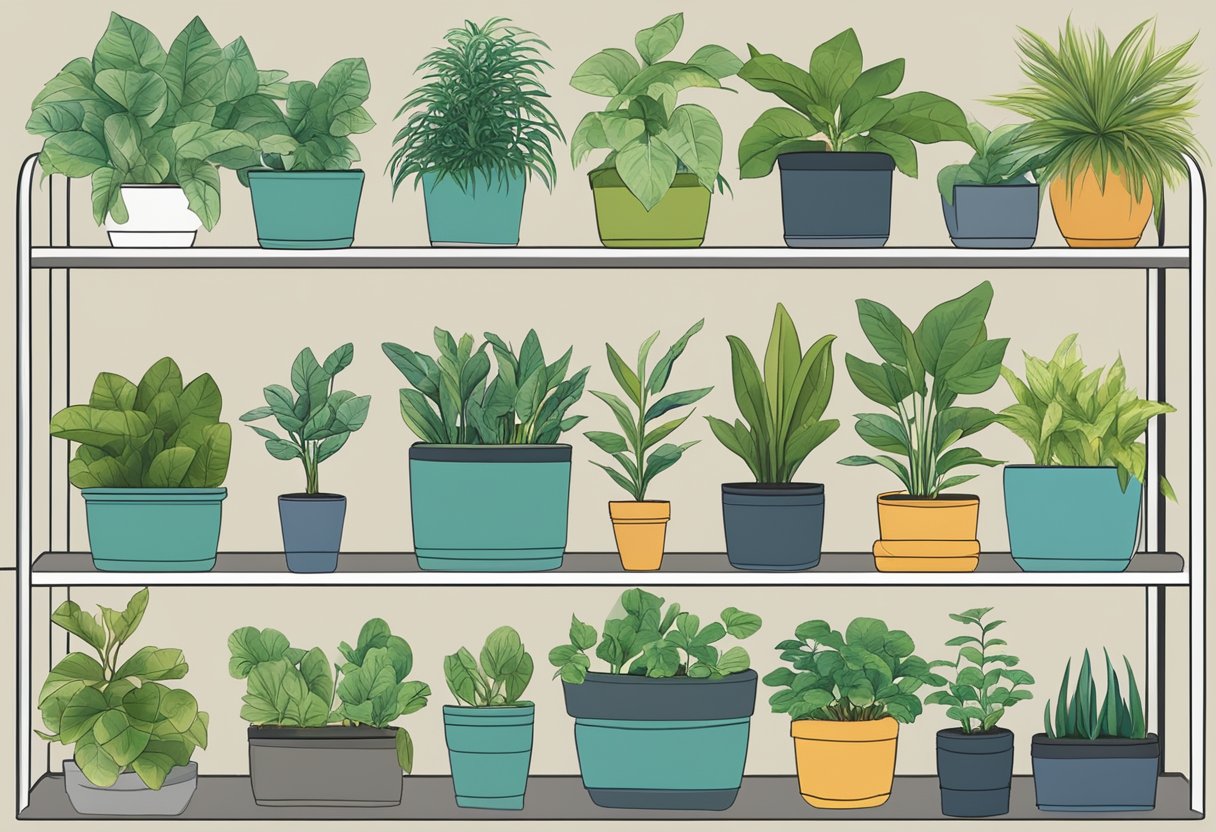 A variety of indoor plants displayed on shelves, with labels indicating key factors for selection: light requirements, water needs, and maintenance level