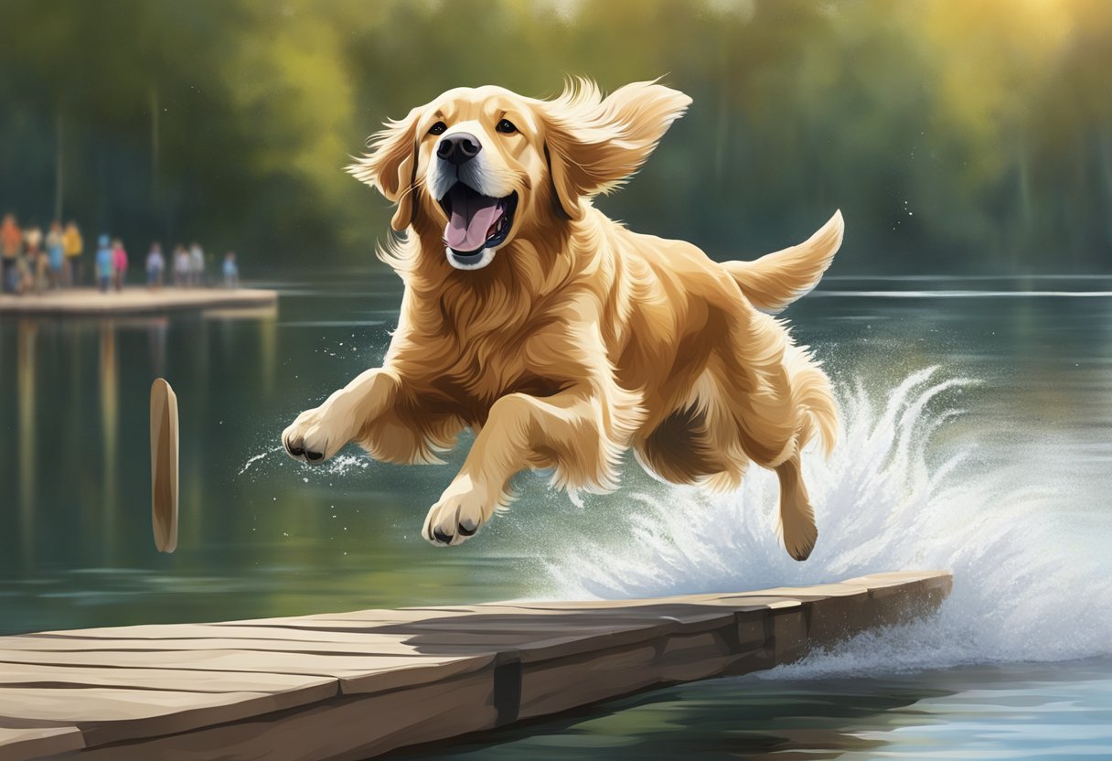 A golden retriever leaps off a dock, soaring through the air with focus and determination, ready to make a splash in the water below