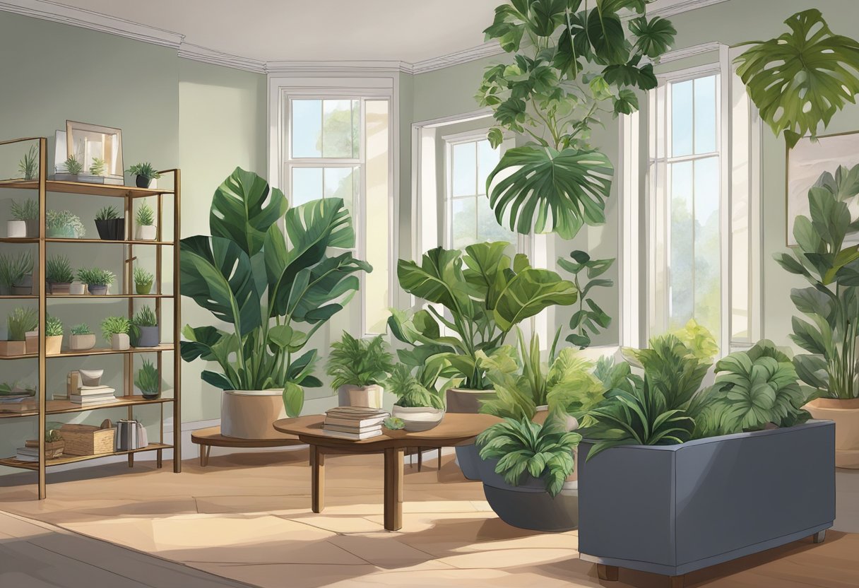 A variety of indoor plants arranged in different sizes and colors, placed strategically to complement the surrounding decor and lighting