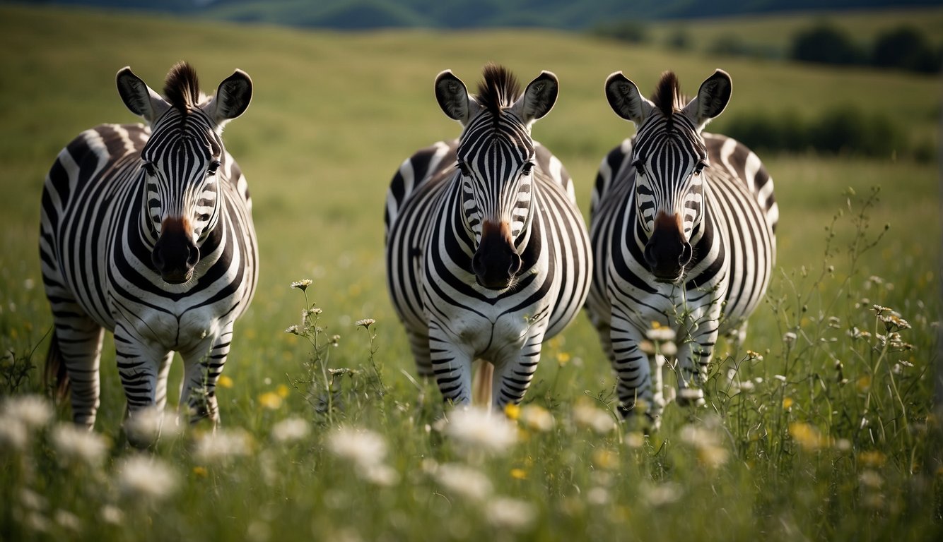 Zebras graze on a vast grassland, surrounded by tall green grass and wildflowers.

They munch on the lush vegetation, their black and white stripes blending in with the natural landscape