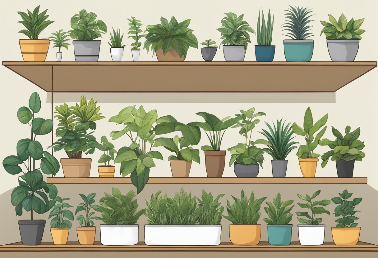 A variety of indoor plants displayed with labels for light, water, and maintenance needs. Pot sizes and drainage options are also shown