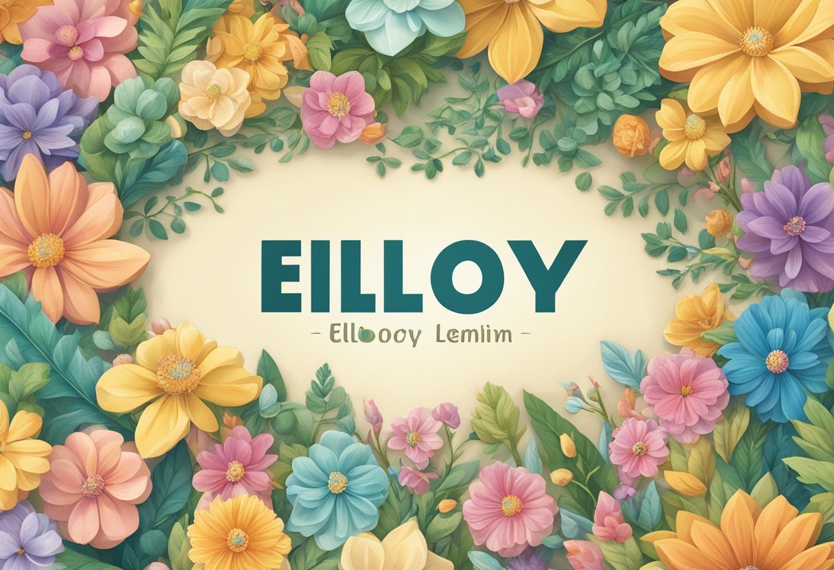 A colorful array of baby name options surrounds the central name "Ellory," with various fonts and styles to choose from