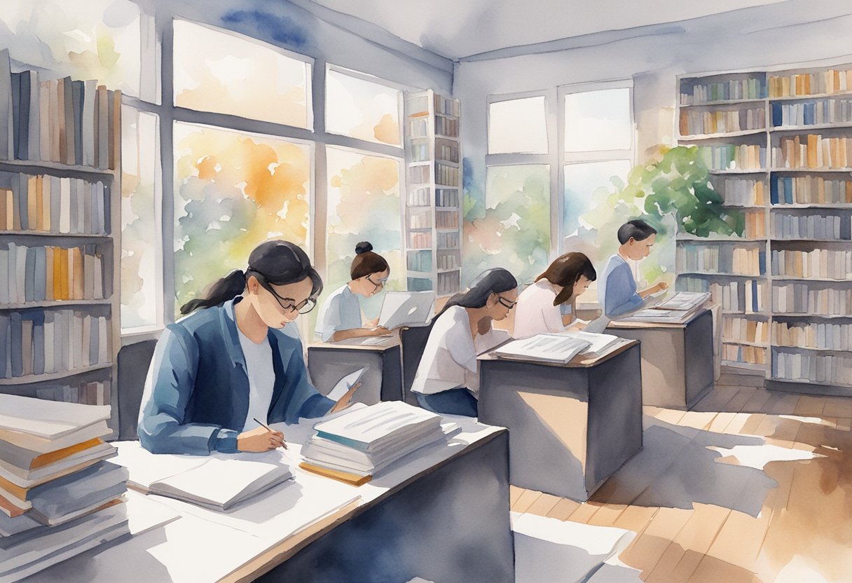 AI essay writers working diligently, surrounded by books and computer screens, generating high-quality content