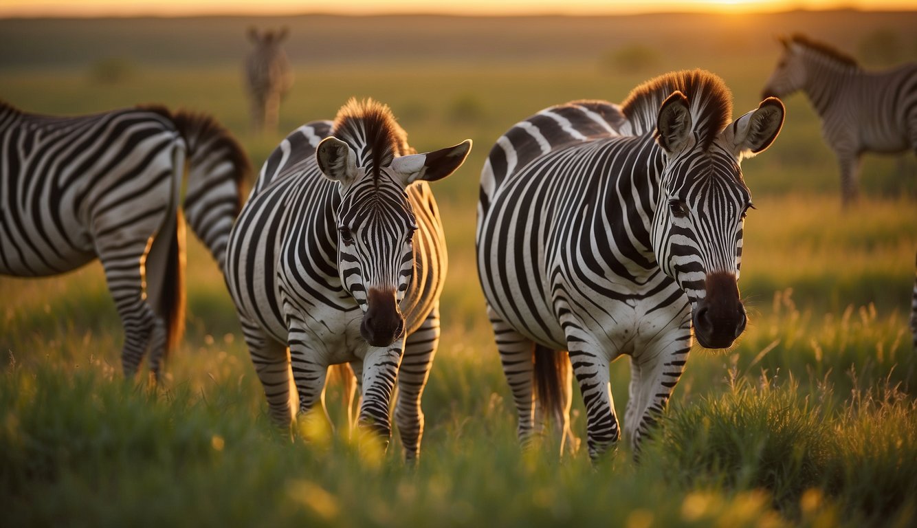 Zebras graze on lush green grass in the open savanna, surrounded by a herd of their striped companions.

The sun sets in the distance, casting a warm glow over the peaceful scene