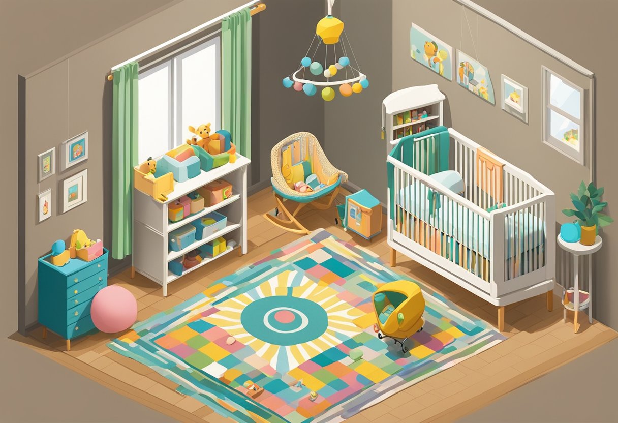 A colorful nursery with toys scattered around, a crib with the name "Ellison" on it, and a mobile hanging above