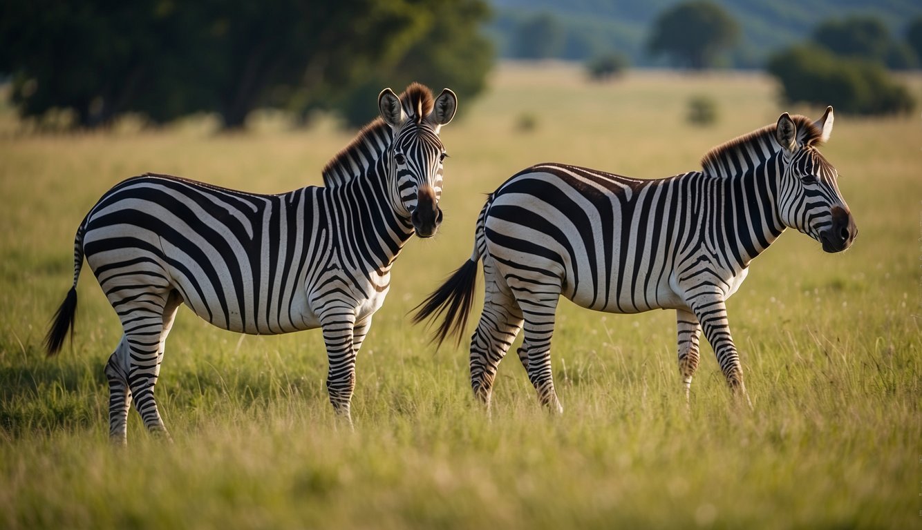 Zebras graze on lush green grass in the open grassland, surrounded by a few scattered trees and a clear blue sky above