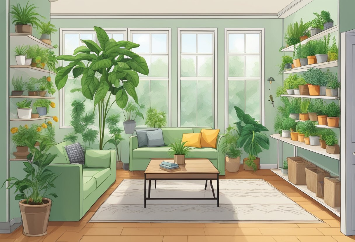 Healthy indoor plants surrounded by natural pest control methods such as sticky traps, neem oil spray, and beneficial insects to prevent and manage pests and diseases