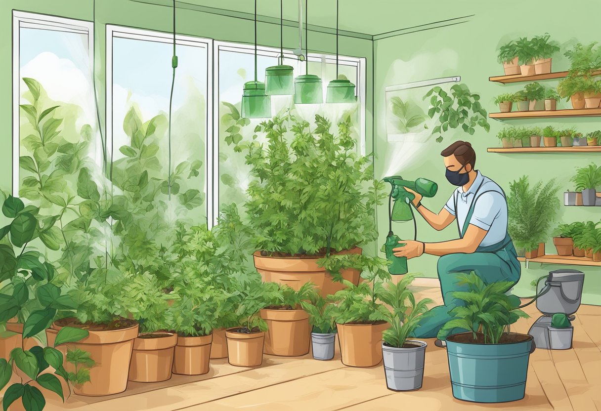 Healthy indoor garden: Spraying natural pest repellents on plants, using neem oil, and maintaining proper ventilation and humidity levels