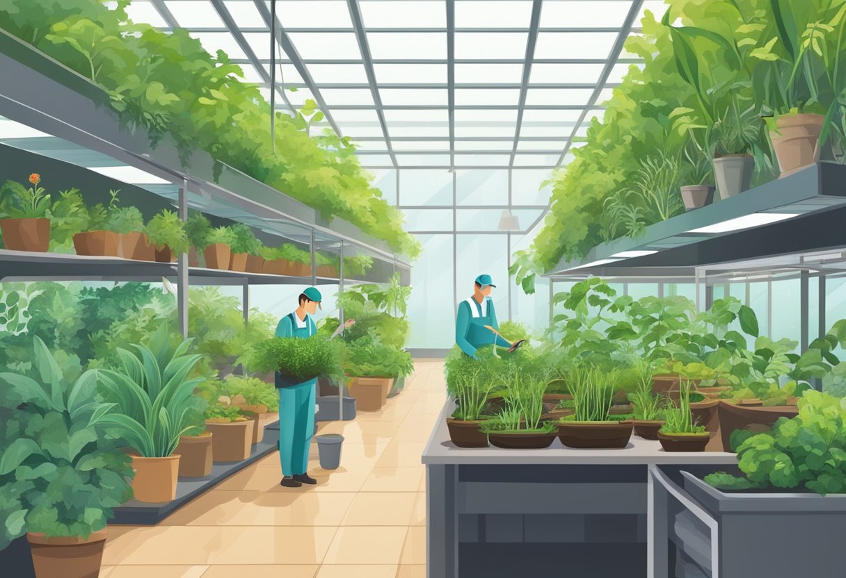 Plants in an indoor garden are being monitored and managed for health. Pests and diseases are being controlled to ensure the well-being of the plants
