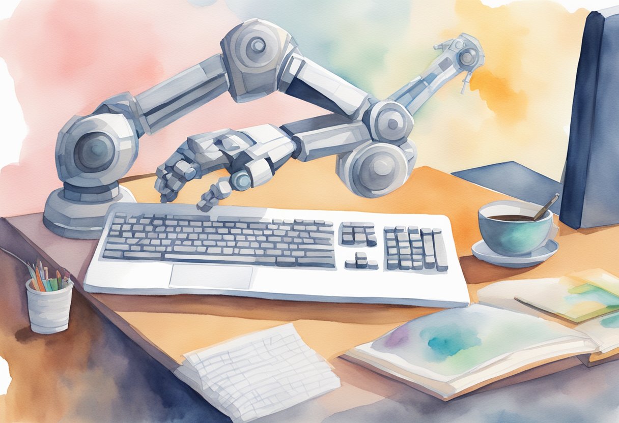 A computer screen displays AI essay writing tools. A robotic arm hovers over a keyboard, ready to type. A stack of books sits nearby